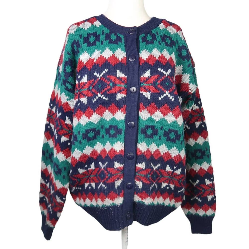 Vintage 90s Persuasion navy blue and teal geometric knit cardigan sweater M